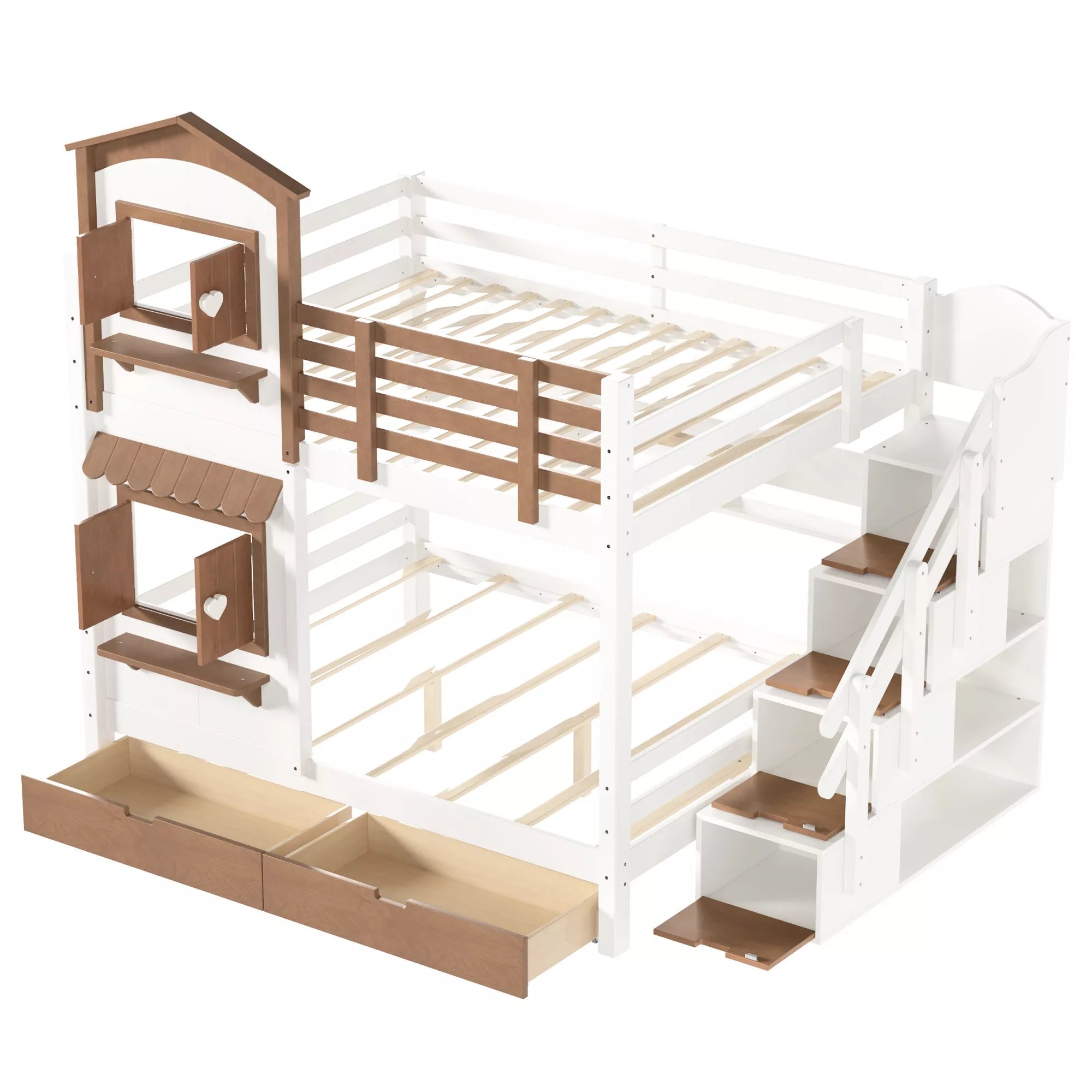 Playhouse bunk bed frame with pull-out drawers and storage stairs