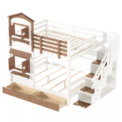 Playhouse bunk bed frame with pull-out drawers and storage stairs