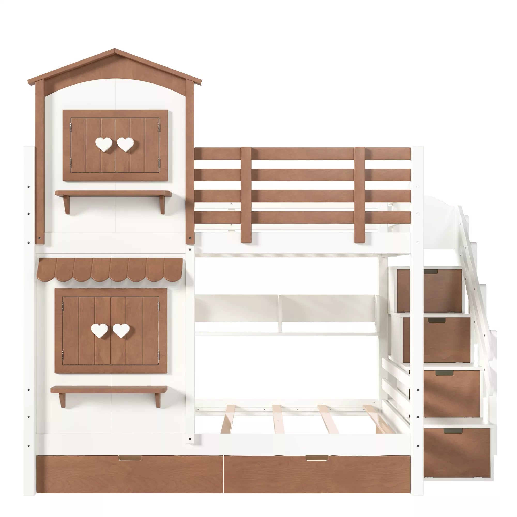 Wooden playhouse bunk bed with storage stairs and under bed drawers