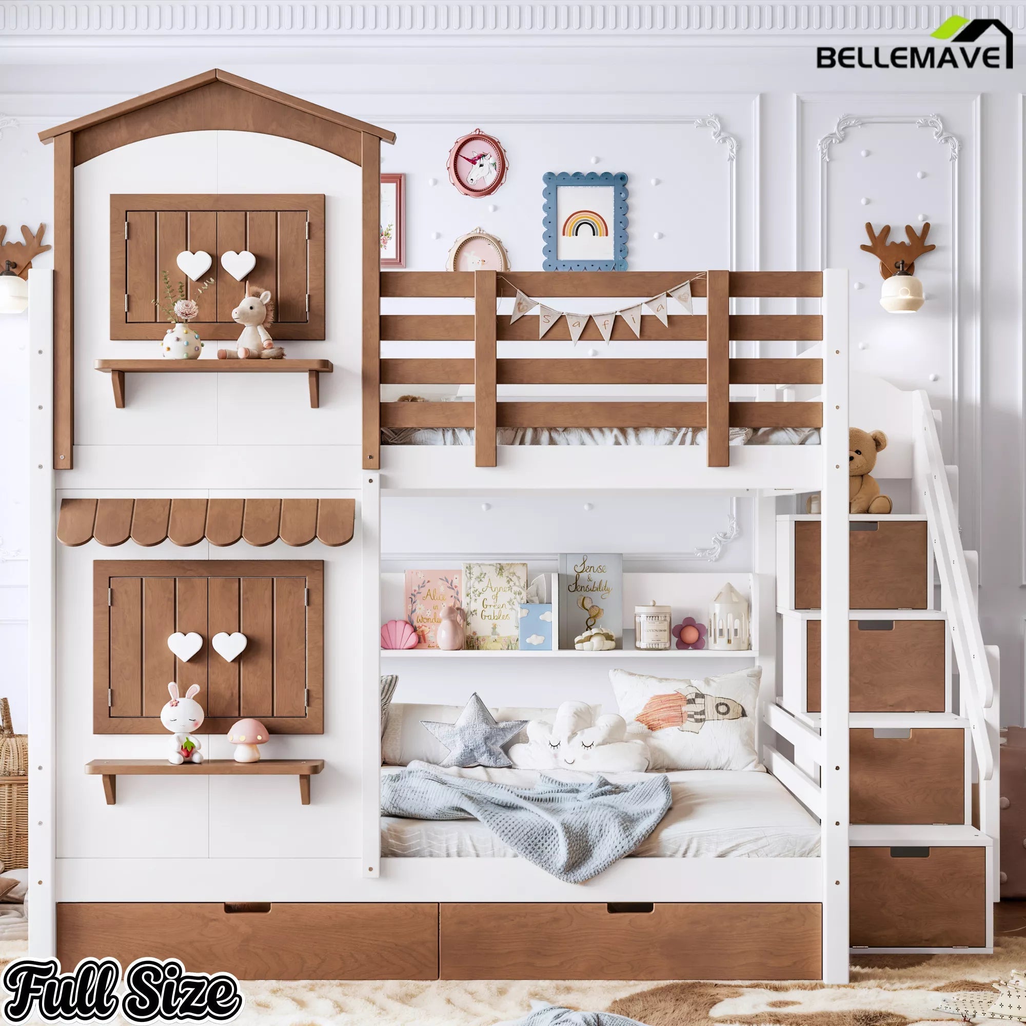 Full size wooden playhouse bunk bed with heart-shaped windows
