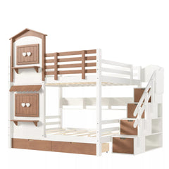 House shaped bunk bed with staircase storage and safety guardrails
