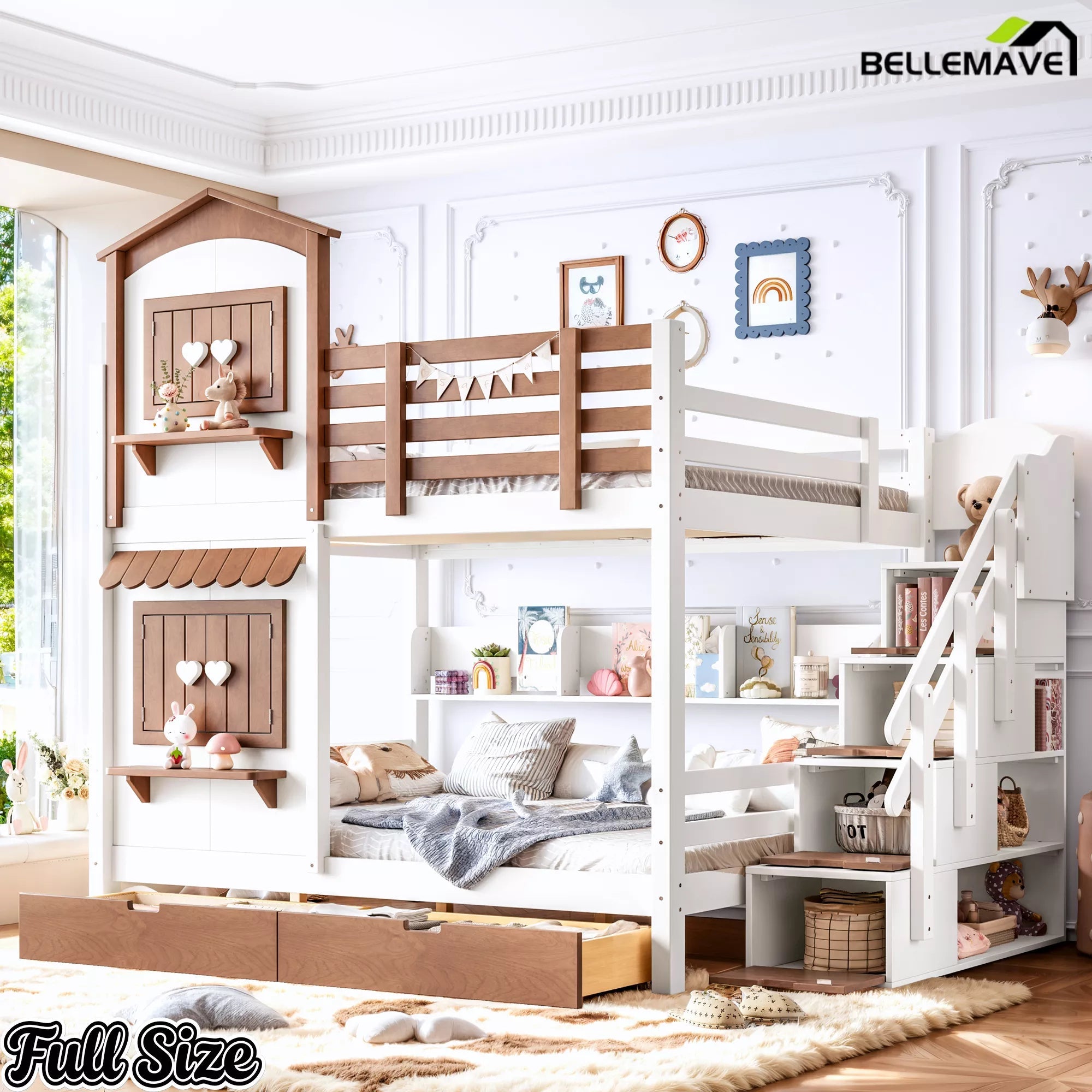 Full size house bunk bed with storage stairs and drawers