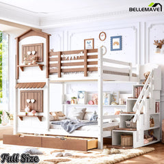 Full size house bunk bed with storage stairs and drawers
