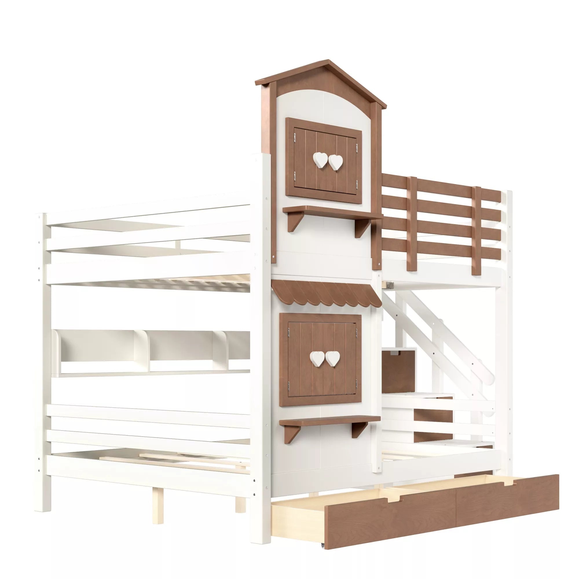 House bunk bed with built-in storage staircase and under bed drawers