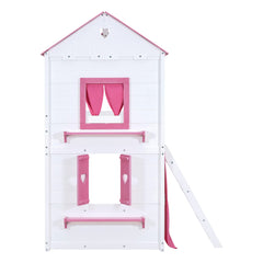 Bellemave® House Bunk Bed with Windows, Tent, Sills, Solid Wood House Shaped Bunk Bed Frame, Cute Playhouse Bed Frame for Kids Boys and Girls - Bellemave