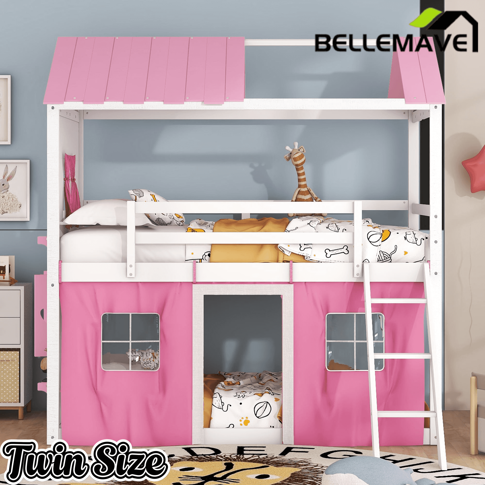 Bellemave® House Bunk Bed with Windows, Tent, Sills, Solid Wood House Shaped Bunk Bed Frame, Cute Playhouse Bed Frame for Kids Boys and Girls - Bellemave