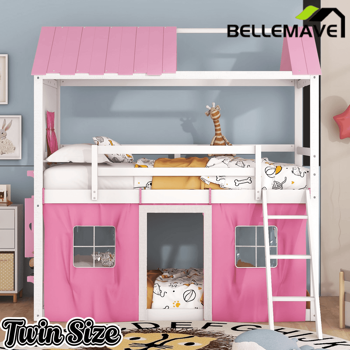 Bellemave® House Bunk Bed with Windows, Tent, Sills, Solid Wood House Shaped Bunk Bed Frame, Cute Playhouse Bed Frame for Kids Boys and Girls - Bellemave