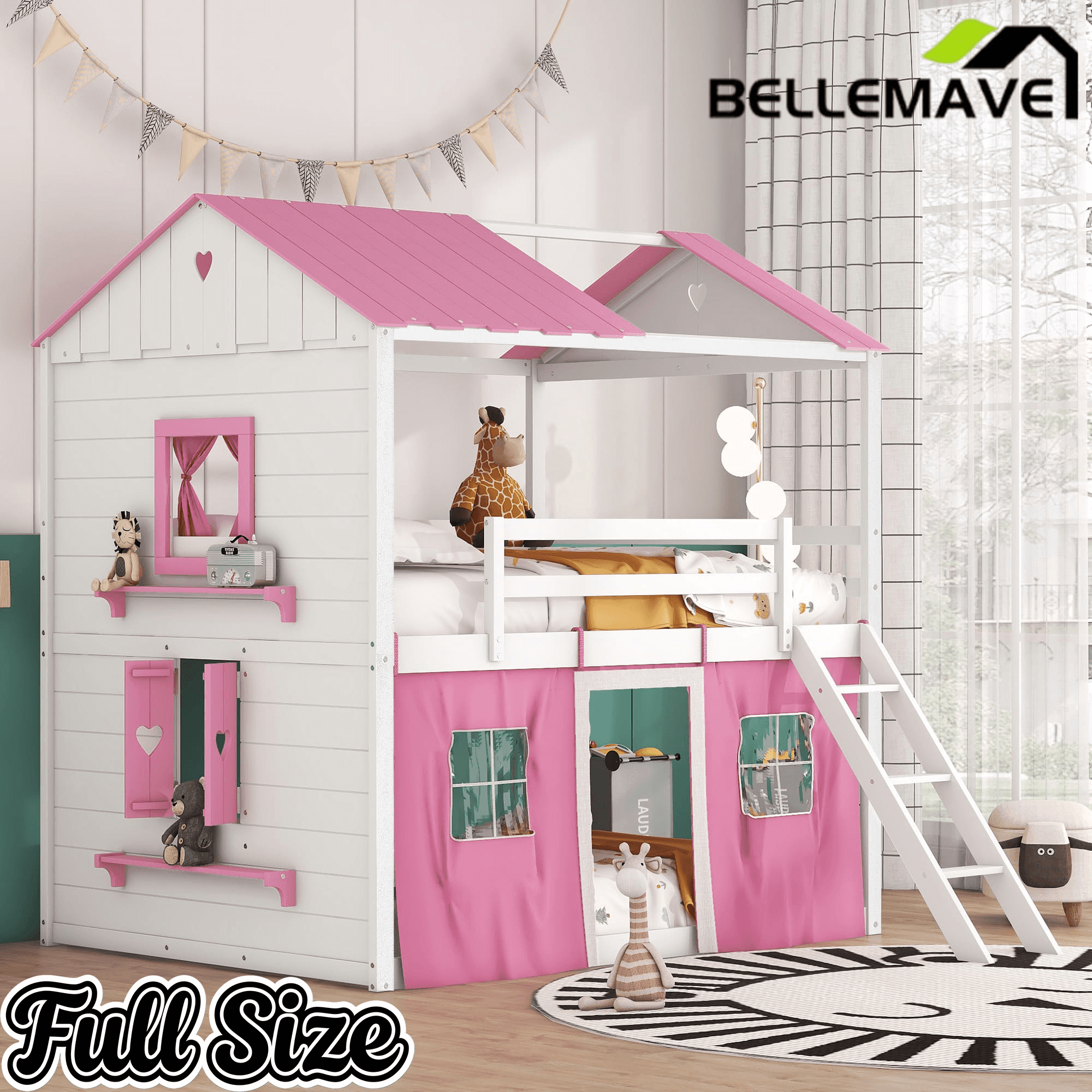 Bellemave® House Bunk Bed with Windows, Tent, Sills, Solid Wood House Shaped Bunk Bed Frame, Cute Playhouse Bed Frame for Kids Boys and Girls - Bellemave