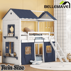 Bellemave® House Bunk Bed with Windows, Tent, Sills, Solid Wood House Shaped Bunk Bed Frame, Cute Playhouse Bed Frame for Kids Boys and Girls - Bellemave