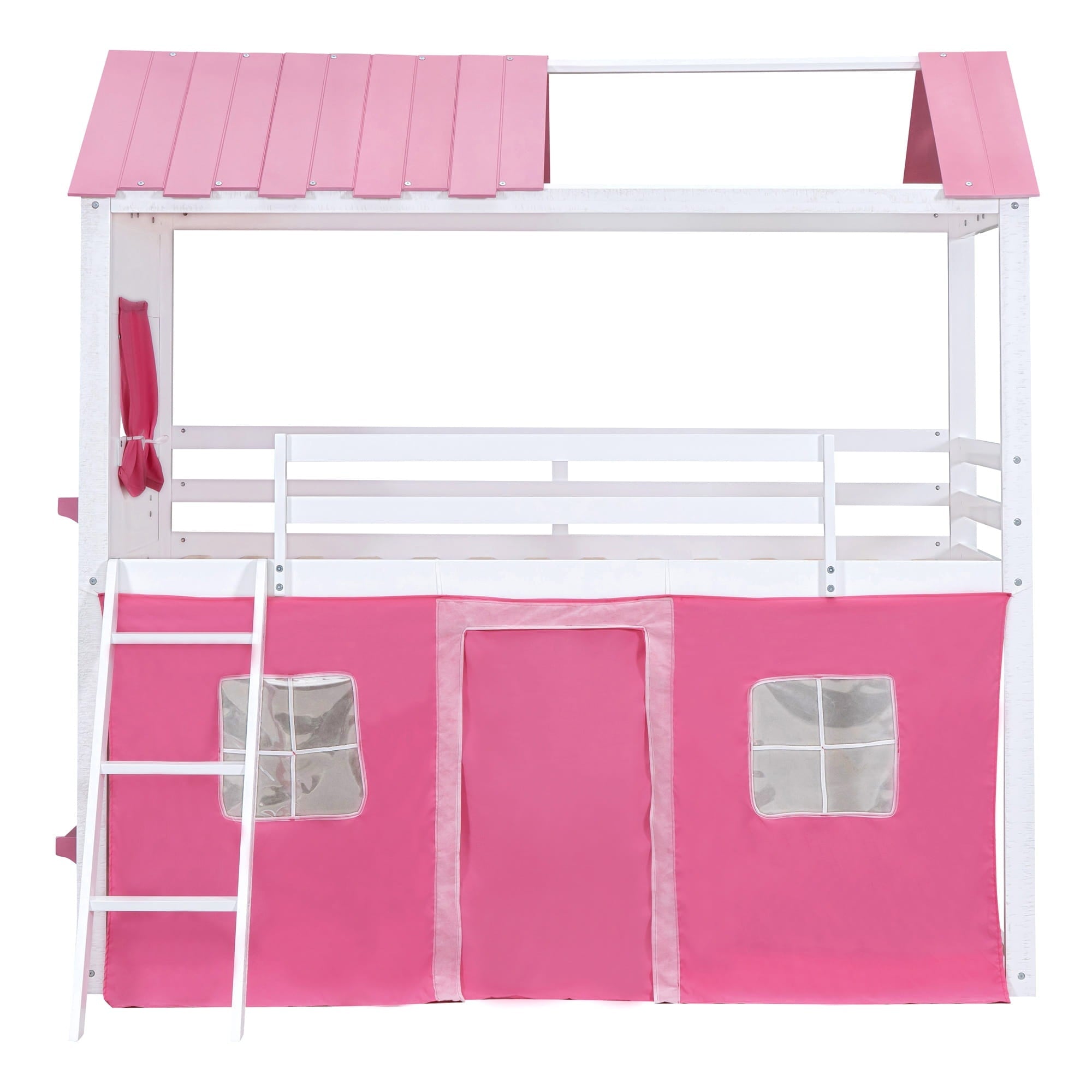 Bellemave® House Bunk Bed with Windows, Tent, Sills, Solid Wood House Shaped Bunk Bed Frame, Cute Playhouse Bed Frame for Kids Boys and Girls - Bellemave