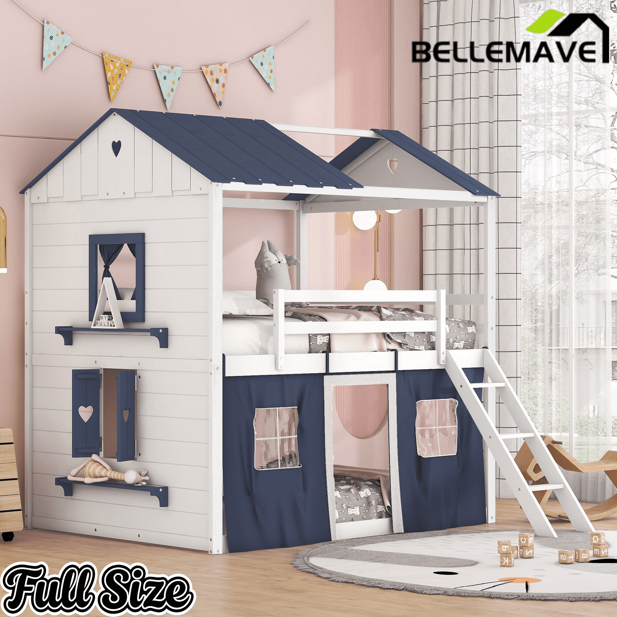Bellemave® House Bunk Bed with Windows, Tent, Sills, Solid Wood House Shaped Bunk Bed Frame, Cute Playhouse Bed Frame for Kids Boys and Girls - Bellemave