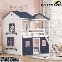 Bellemave® House Bunk Bed with Windows, Tent, Sills, Solid Wood House Shaped Bunk Bed Frame, Cute Playhouse Bed Frame for Kids Boys and Girls - Bellemave
