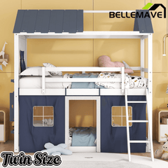 Bellemave® House Bunk Bed with Windows, Tent, Sills, Solid Wood House Shaped Bunk Bed Frame, Cute Playhouse Bed Frame for Kids Boys and Girls - Bellemave