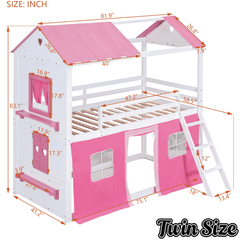 Bellemave® House Bunk Bed with Windows, Tent, Sills, Solid Wood House Shaped Bunk Bed Frame, Cute Playhouse Bed Frame for Kids Boys and Girls - Bellemave