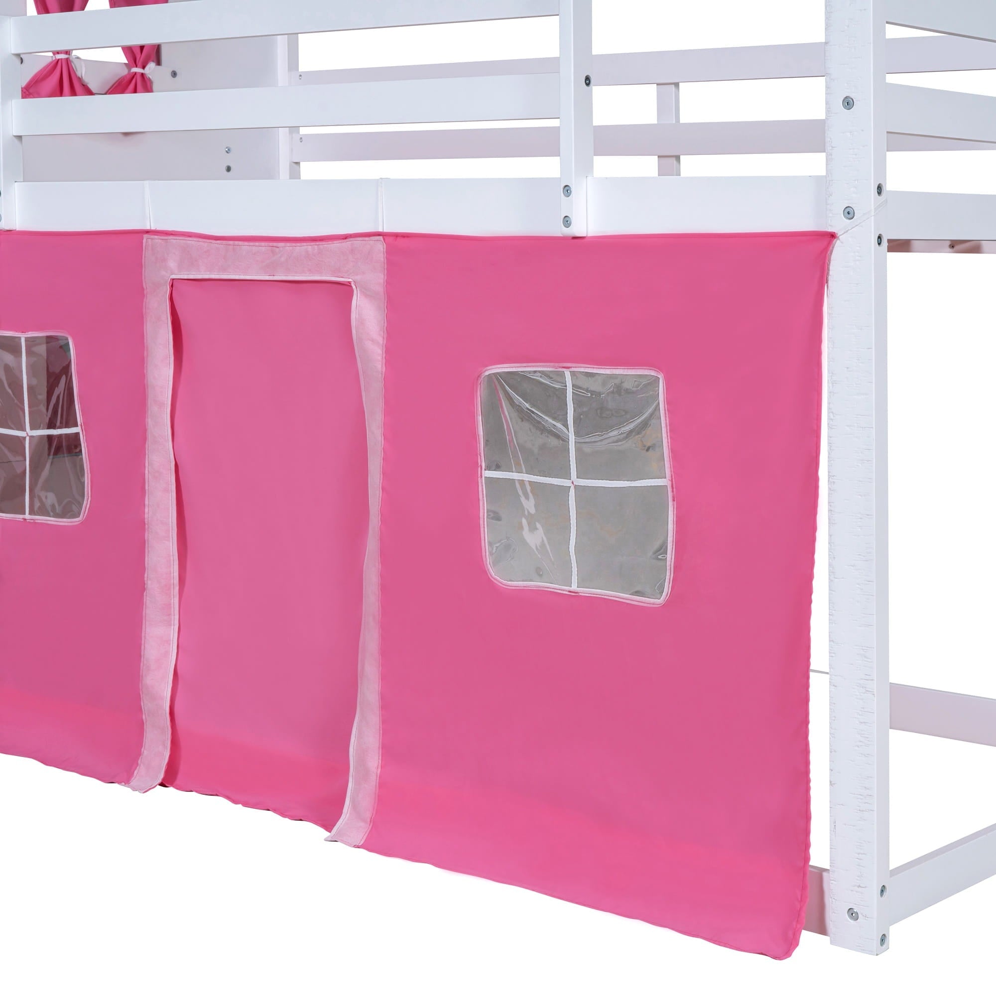 Bellemave® House Bunk Bed with Windows, Tent, Sills, Solid Wood House Shaped Bunk Bed Frame, Cute Playhouse Bed Frame for Kids Boys and Girls - Bellemave