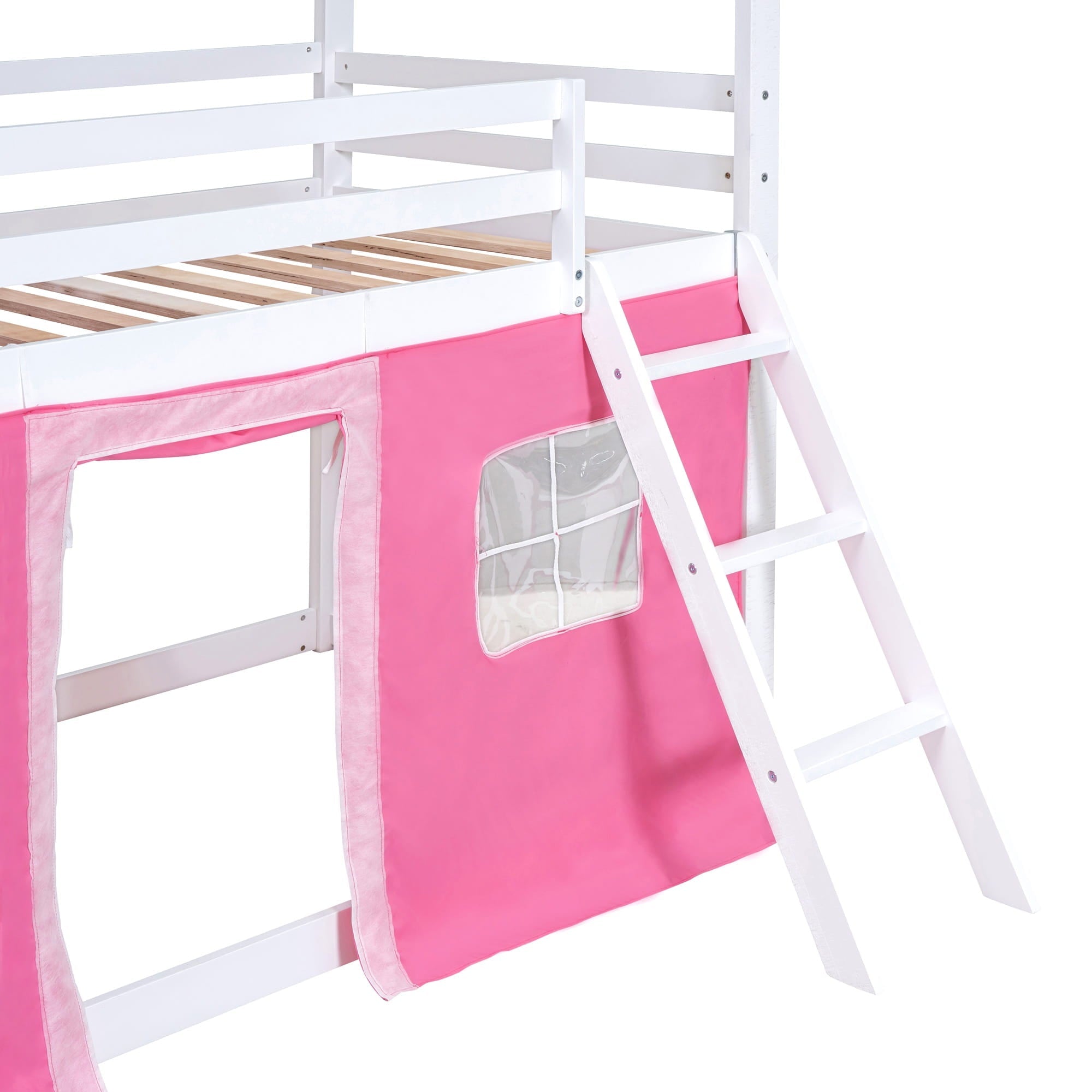 Bellemave® House Bunk Bed with Windows, Tent, Sills, Solid Wood House Shaped Bunk Bed Frame, Cute Playhouse Bed Frame for Kids Boys and Girls - Bellemave