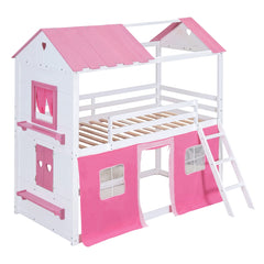Bellemave® House Bunk Bed with Windows, Tent, Sills, Solid Wood House Shaped Bunk Bed Frame, Cute Playhouse Bed Frame for Kids Boys and Girls - Bellemave