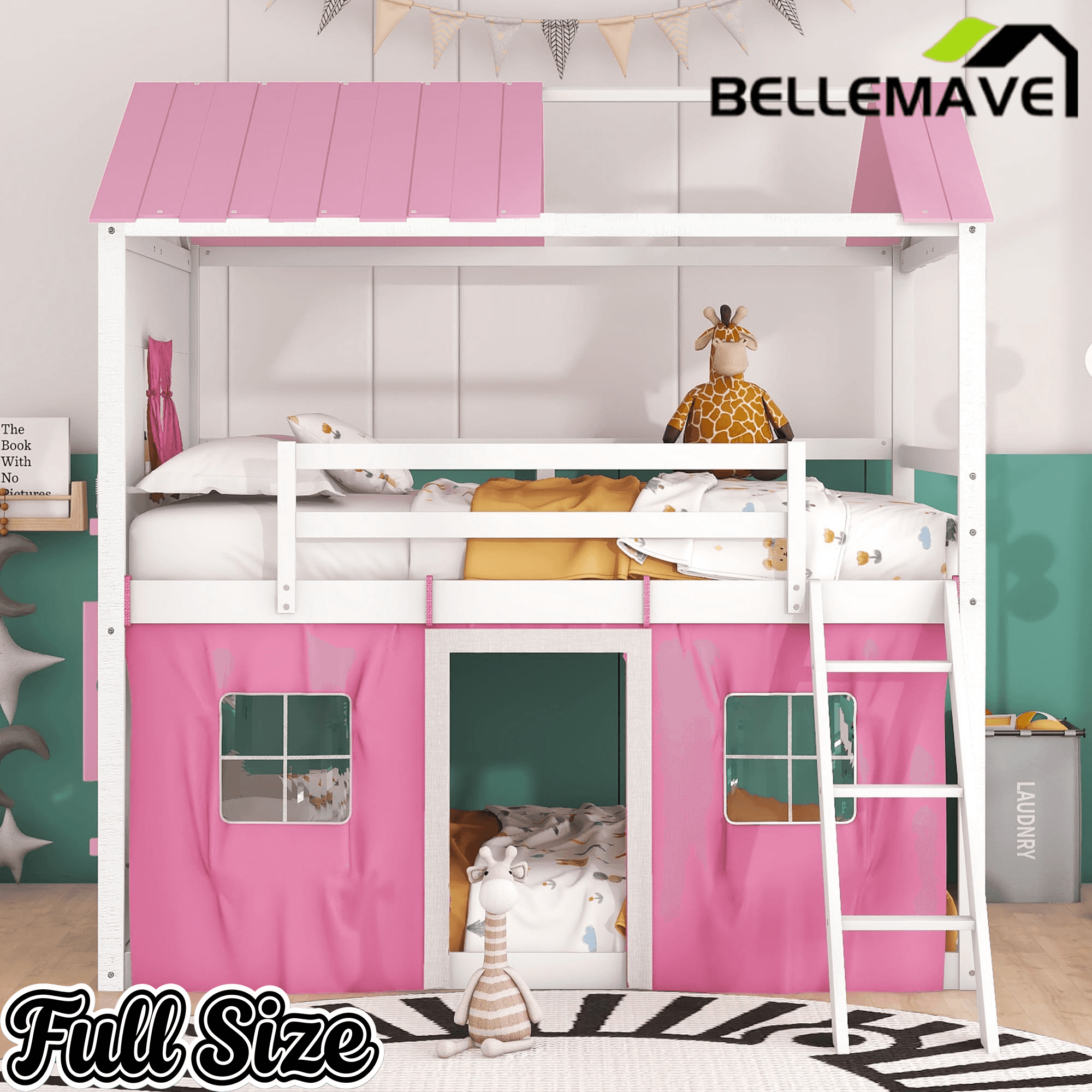 Bellemave® House Bunk Bed with Windows, Tent, Sills, Solid Wood House Shaped Bunk Bed Frame, Cute Playhouse Bed Frame for Kids Boys and Girls - Bellemave