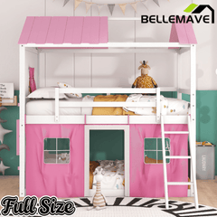 Bellemave® House Bunk Bed with Windows, Tent, Sills, Solid Wood House Shaped Bunk Bed Frame, Cute Playhouse Bed Frame for Kids Boys and Girls - Bellemave