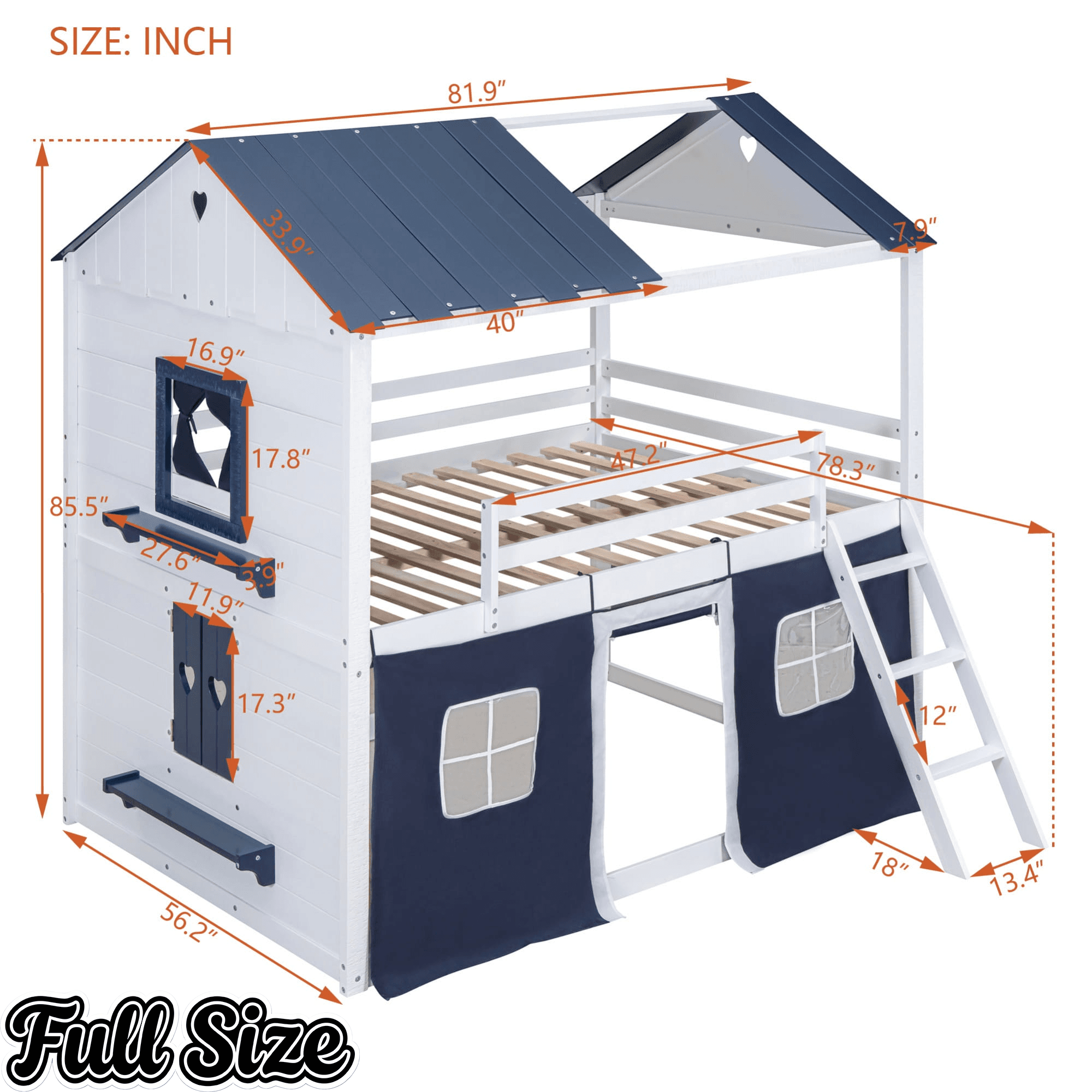 Bellemave® House Bunk Bed with Windows, Tent, Sills, Solid Wood House Shaped Bunk Bed Frame, Cute Playhouse Bed Frame for Kids Boys and Girls - Bellemave