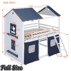 Bellemave® House Bunk Bed with Windows, Tent, Sills, Solid Wood House Shaped Bunk Bed Frame, Cute Playhouse Bed Frame for Kids Boys and Girls - Bellemave