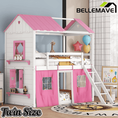 Bellemave® House Bunk Bed with Windows, Tent, Sills, Solid Wood House Shaped Bunk Bed Frame, Cute Playhouse Bed Frame for Kids Boys and Girls - Bellemave