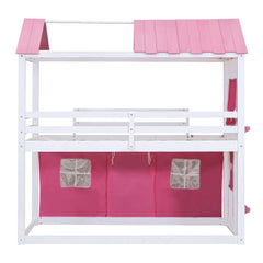 Bellemave® House Bunk Bed with Windows, Tent, Sills, Solid Wood House Shaped Bunk Bed Frame, Cute Playhouse Bed Frame for Kids Boys and Girls - Bellemave