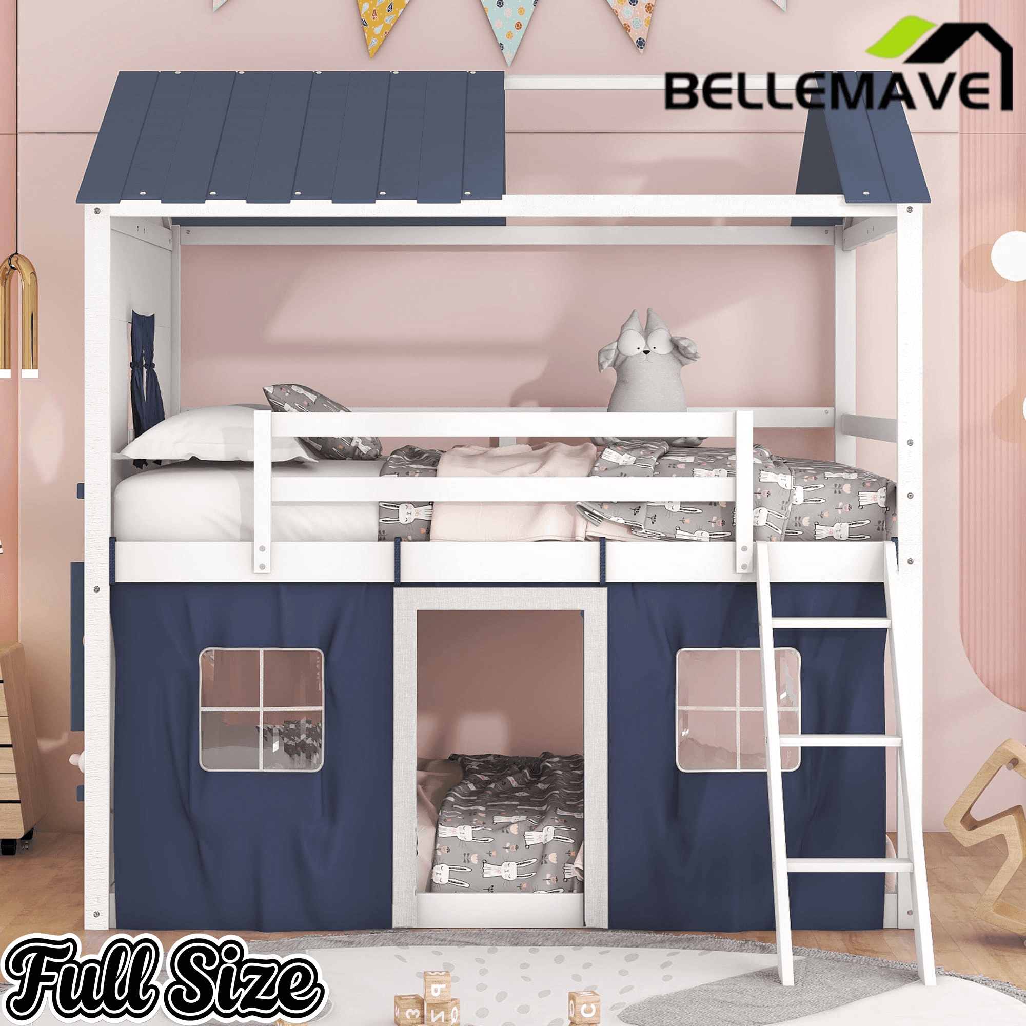 Bellemave® House Bunk Bed with Windows, Tent, Sills, Solid Wood House Shaped Bunk Bed Frame, Cute Playhouse Bed Frame for Kids Boys and Girls - Bellemave