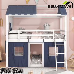 Bellemave® House Bunk Bed with Windows, Tent, Sills, Solid Wood House Shaped Bunk Bed Frame, Cute Playhouse Bed Frame for Kids Boys and Girls - Bellemave