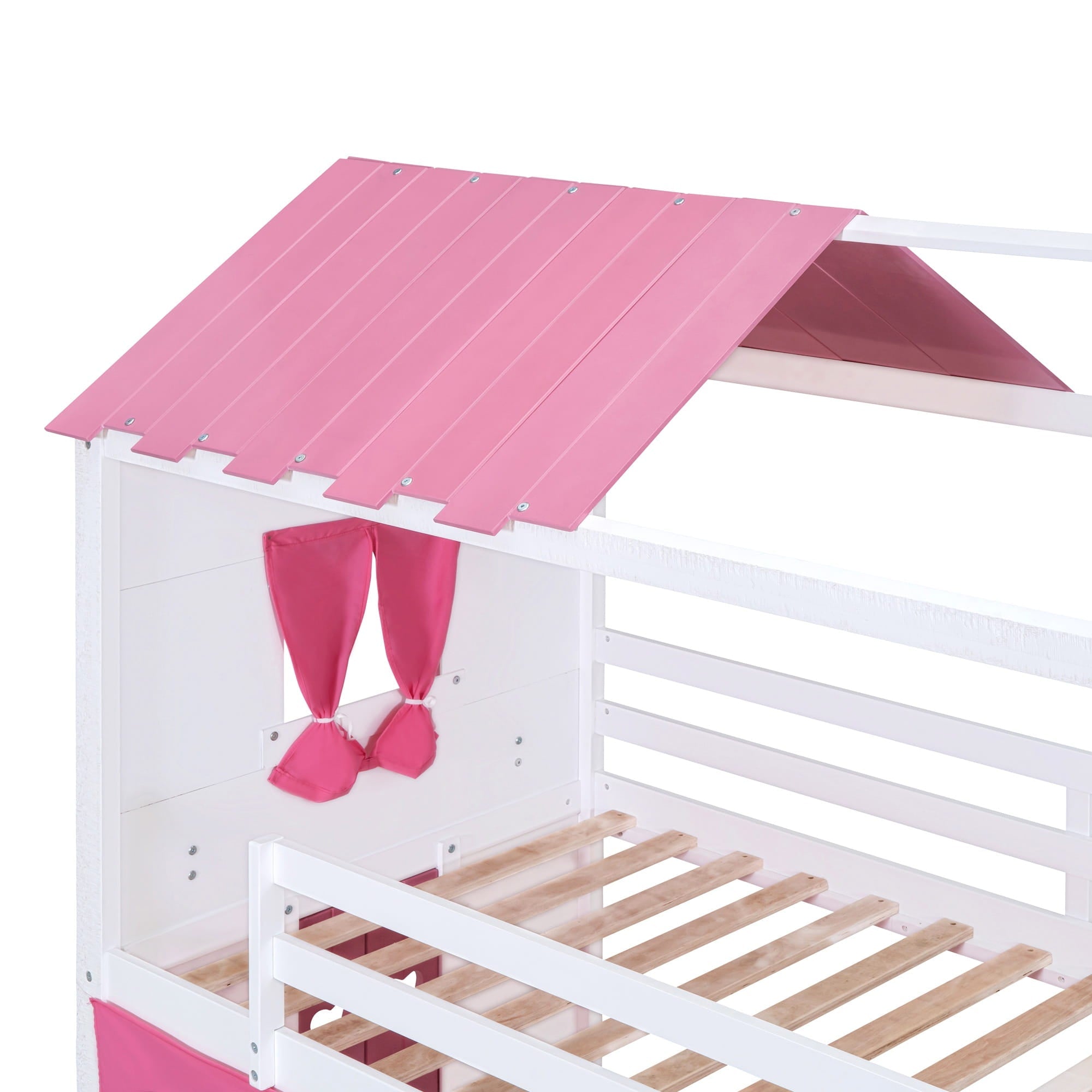 Bellemave® House Bunk Bed with Windows, Tent, Sills, Solid Wood House Shaped Bunk Bed Frame, Cute Playhouse Bed Frame for Kids Boys and Girls - Bellemave