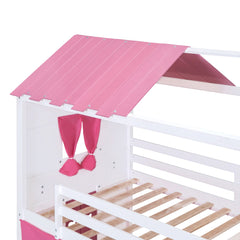 Bellemave® House Bunk Bed with Windows, Tent, Sills, Solid Wood House Shaped Bunk Bed Frame, Cute Playhouse Bed Frame for Kids Boys and Girls - Bellemave