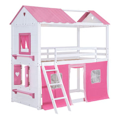 Bellemave® House Bunk Bed with Windows, Tent, Sills, Solid Wood House Shaped Bunk Bed Frame, Cute Playhouse Bed Frame for Kids Boys and Girls - Bellemave