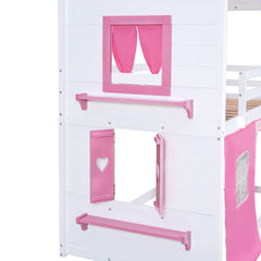 Bellemave® House Bunk Bed with Windows, Tent, Sills, Solid Wood House Shaped Bunk Bed Frame, Cute Playhouse Bed Frame for Kids Boys and Girls - Bellemave