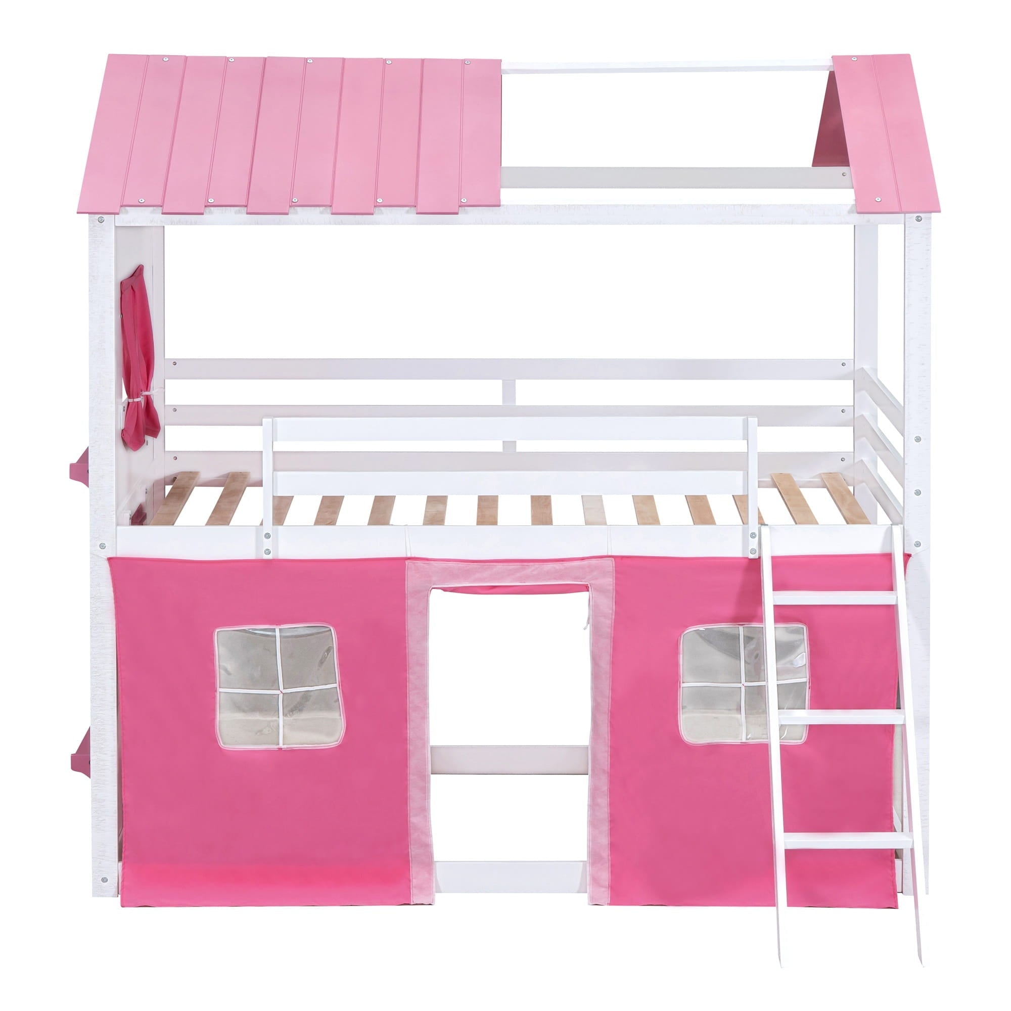Bellemave® House Bunk Bed with Windows, Tent, Sills, Solid Wood House Shaped Bunk Bed Frame, Cute Playhouse Bed Frame for Kids Boys and Girls - Bellemave