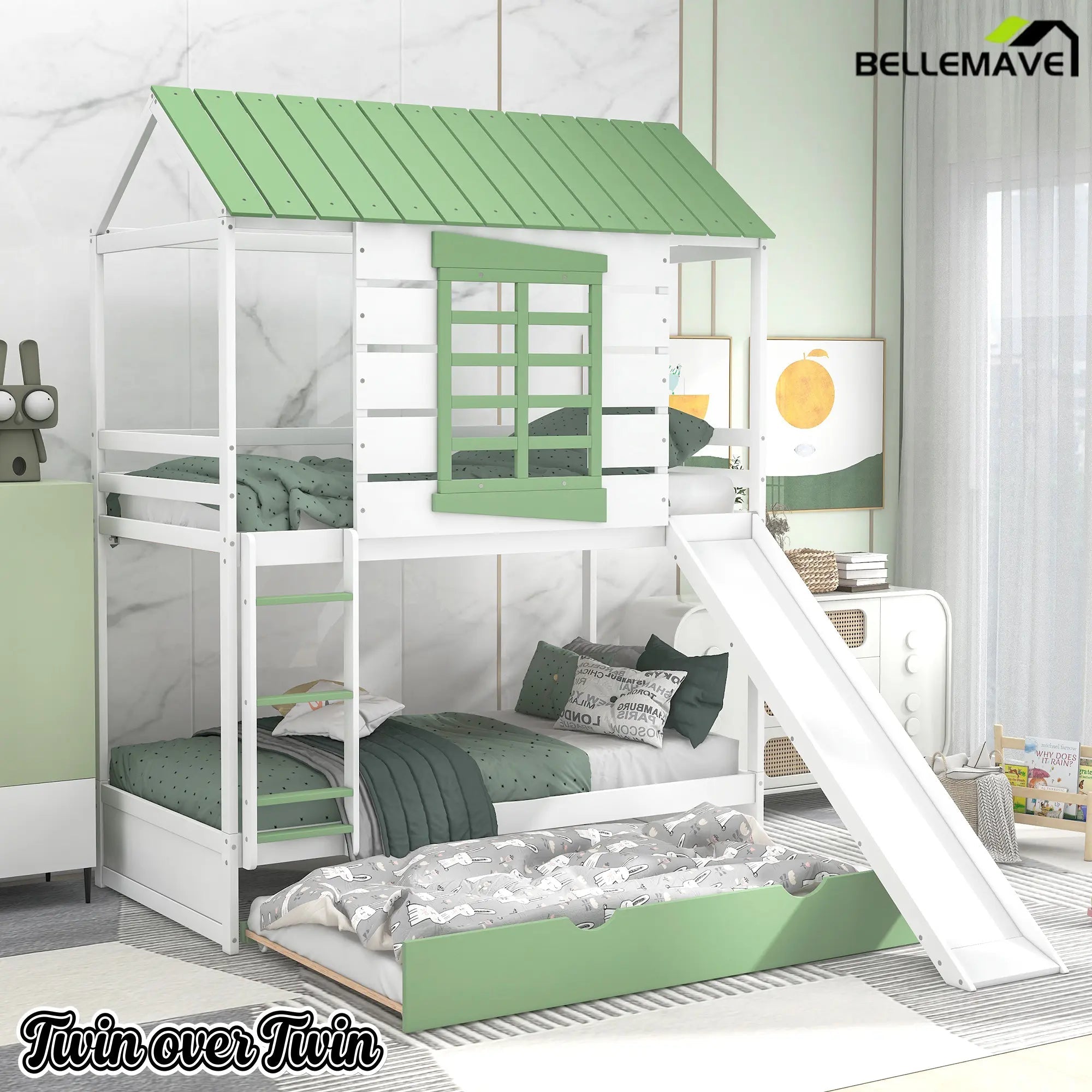 Bellemave® House Bunk Beds with Slide and Trundle Twin Over Twin Bunk Bed Wood Fun Playhouse Bunked Frame for Kids Girls Boys Teens, White with Green - Bellemave