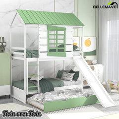 Bellemave® House Bunk Beds with Slide and Trundle Twin Over Twin Bunk Bed Wood Fun Playhouse Bunked Frame for Kids Girls Boys Teens, White with Green - Bellemave