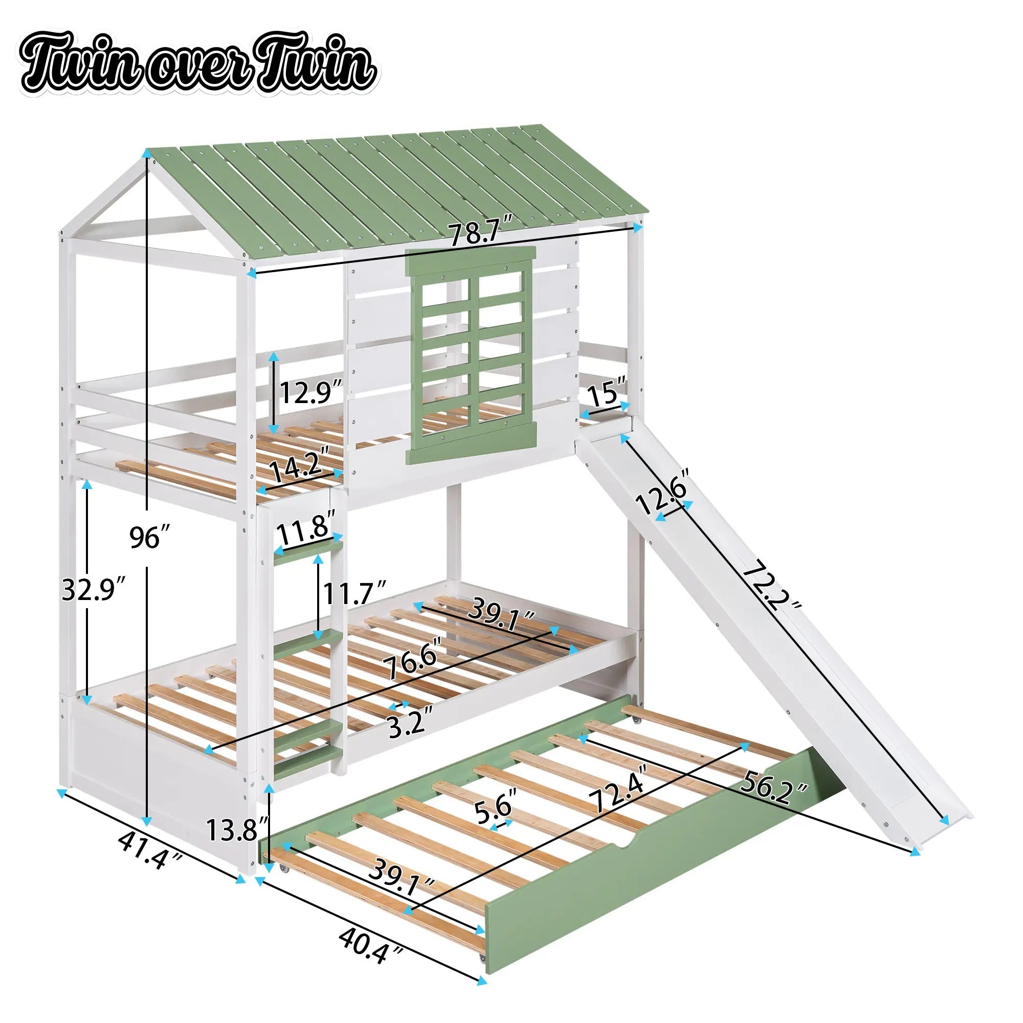 Bellemave® House Bunk Beds with Slide and Trundle Twin Over Twin Bunk Bed Wood Fun Playhouse Bunked Frame for Kids Girls Boys Teens, White with Green - Bellemave