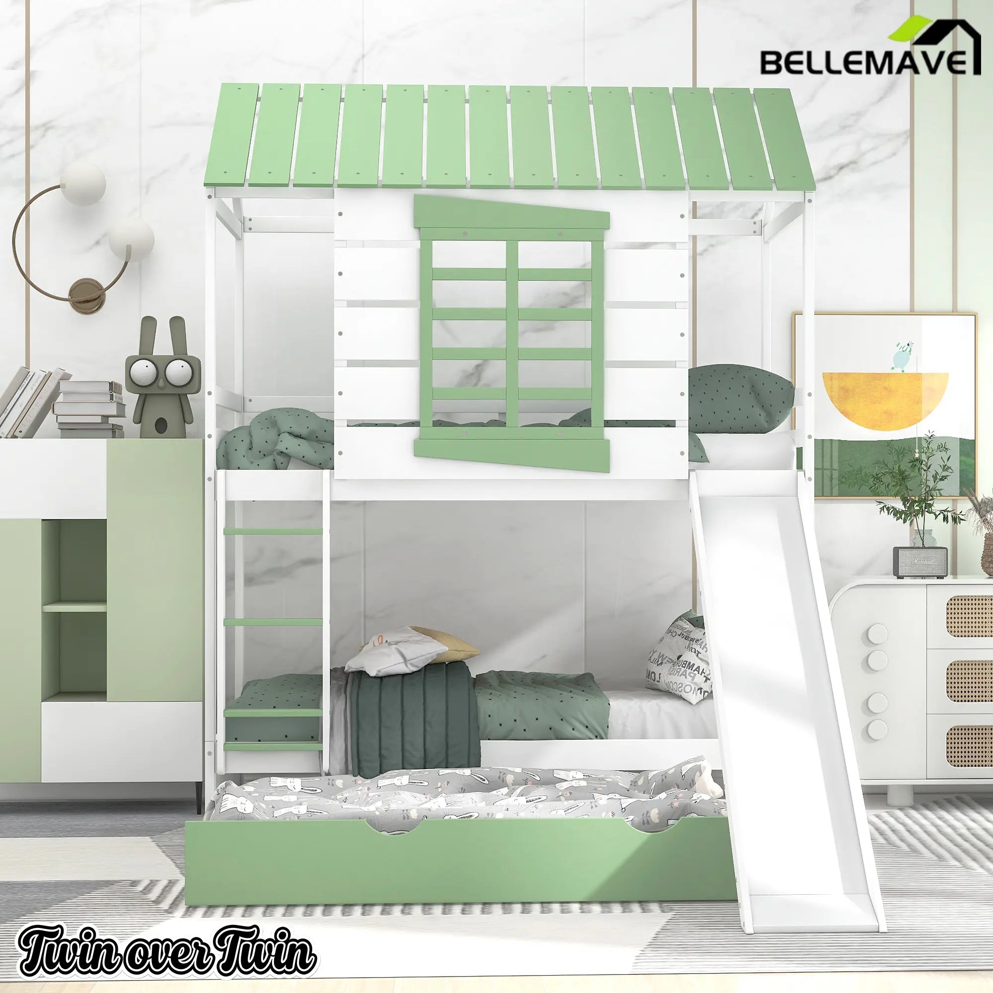 Bellemave® House Bunk Beds with Slide and Trundle Twin Over Twin Bunk Bed Wood Fun Playhouse Bunked Frame for Kids Girls Boys Teens, White with Green - Bellemave