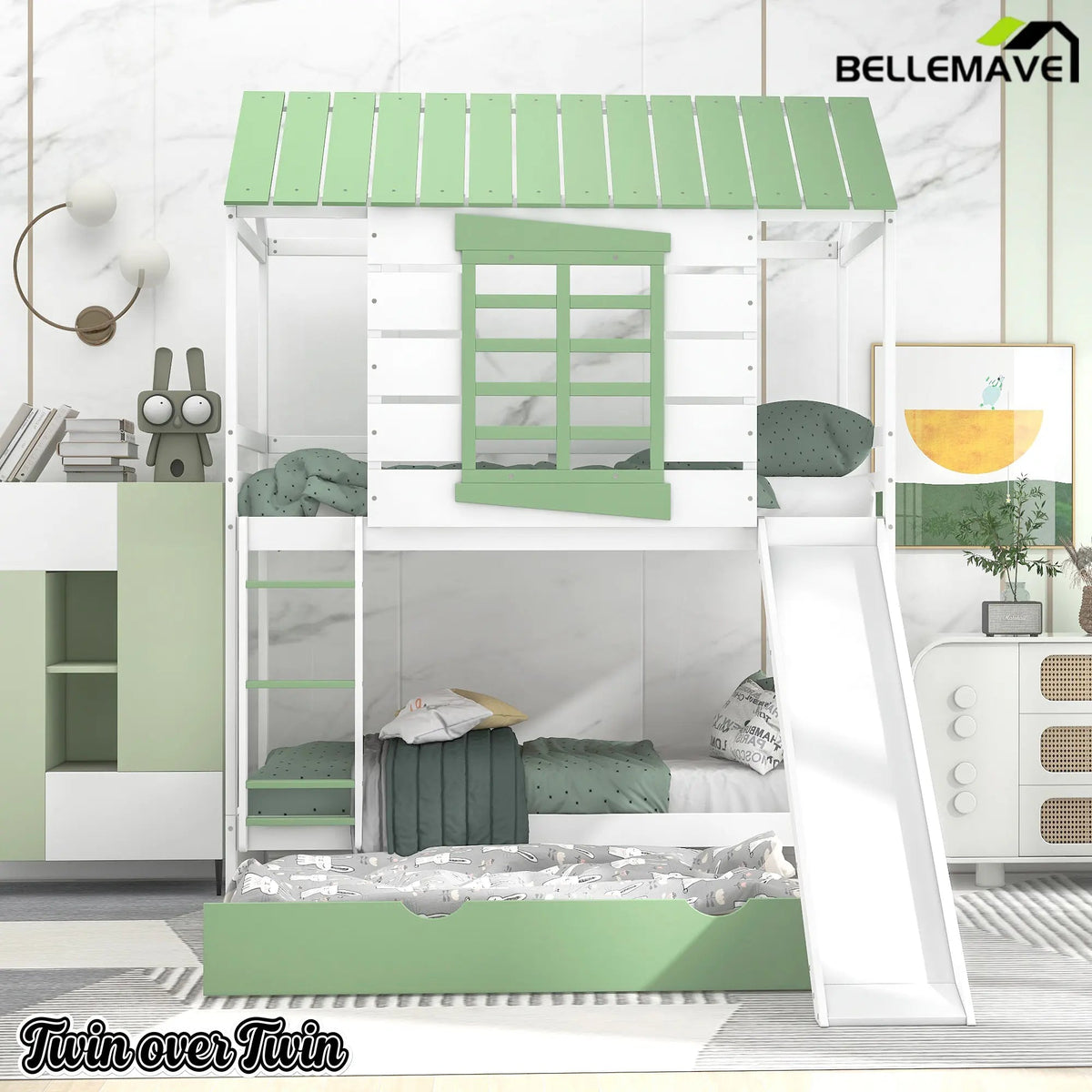 Bellemave® House Bunk Beds with Slide and Trundle Twin Over Twin Bunk Bed Wood Fun Playhouse Bunked Frame for Kids Girls Boys Teens, White with Green - Bellemave