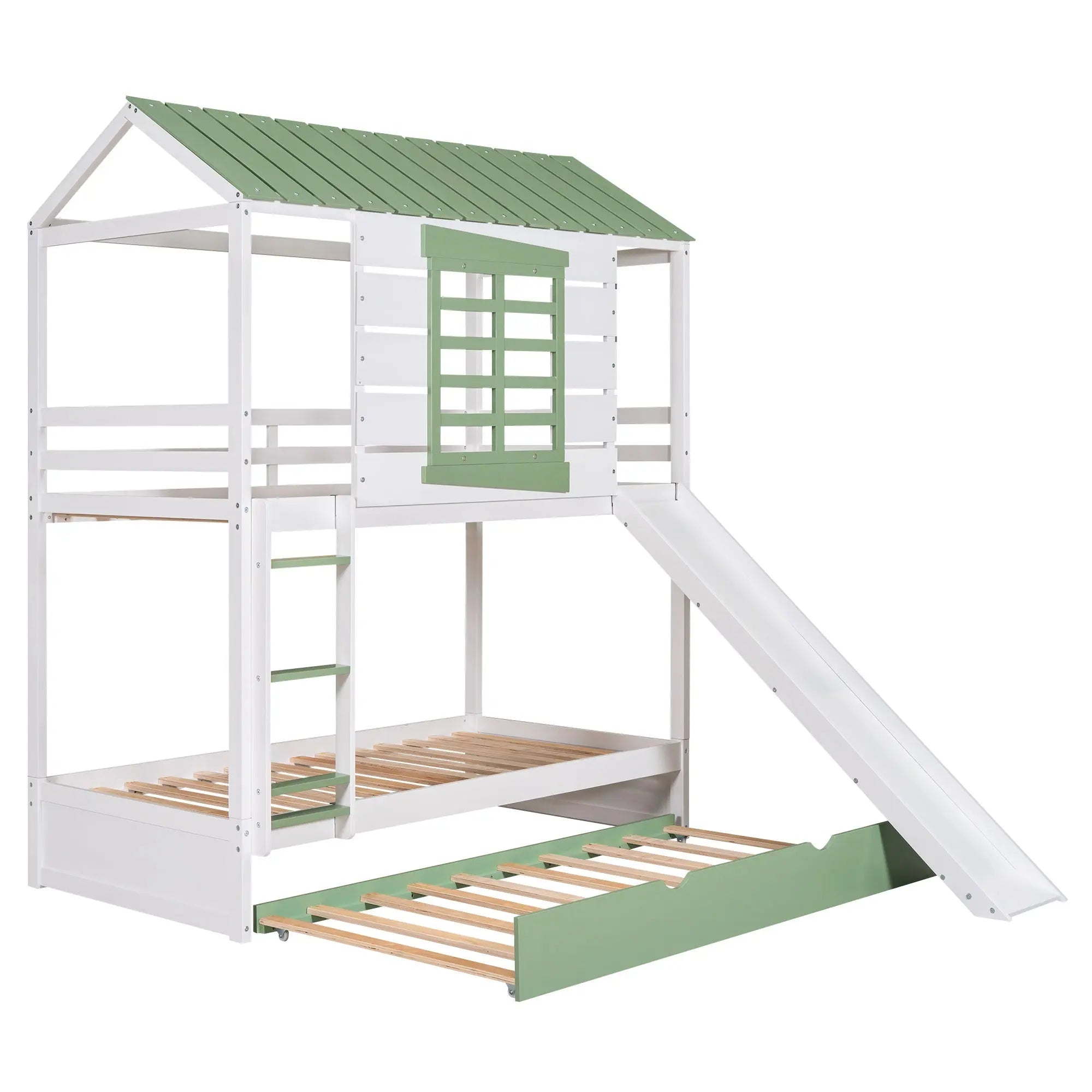 Bellemave® House Bunk Beds with Slide and Trundle Twin Over Twin Bunk Bed Wood Fun Playhouse Bunked Frame for Kids Girls Boys Teens, White with Green - Bellemave