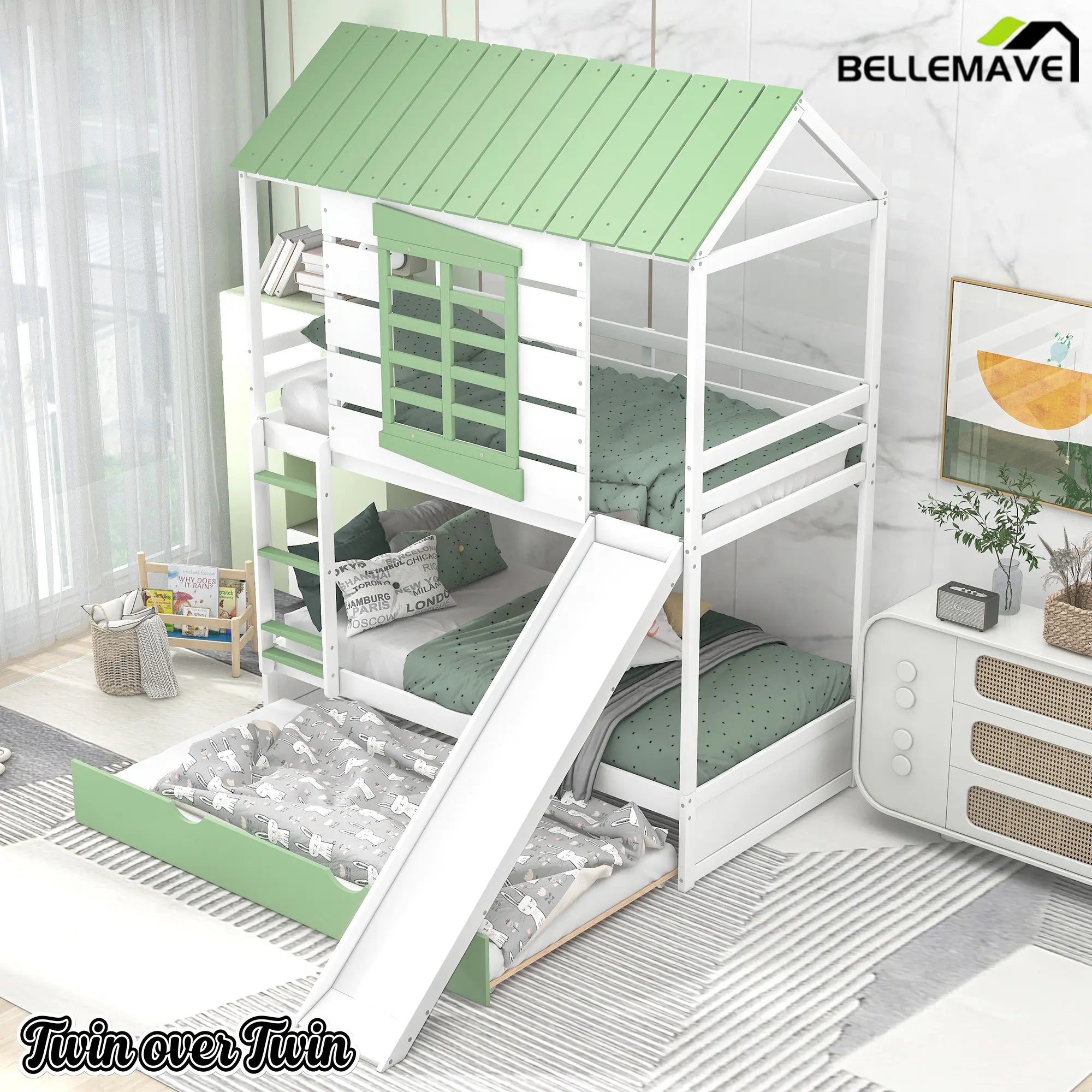 Bellemave® House Bunk Beds with Slide and Trundle Twin Over Twin Bunk Bed Wood Fun Playhouse Bunked Frame for Kids Girls Boys Teens, White with Green - Bellemave