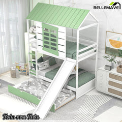 Bellemave® House Bunk Beds with Slide and Trundle Twin Over Twin Bunk Bed Wood Fun Playhouse Bunked Frame for Kids Girls Boys Teens, White with Green - Bellemave