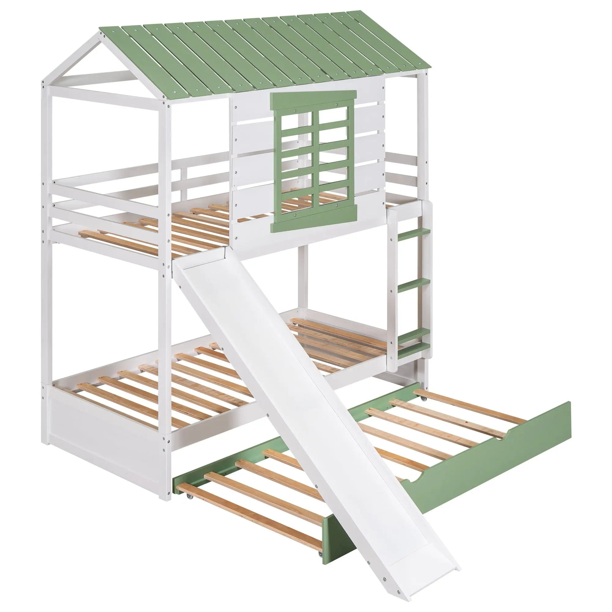 Bellemave® House Bunk Beds with Slide and Trundle Twin Over Twin Bunk Bed Wood Fun Playhouse Bunked Frame for Kids Girls Boys Teens, White with Green - Bellemave