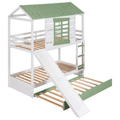 Bellemave® House Bunk Beds with Slide and Trundle Twin Over Twin Bunk Bed Wood Fun Playhouse Bunked Frame for Kids Girls Boys Teens, White with Green - Bellemave