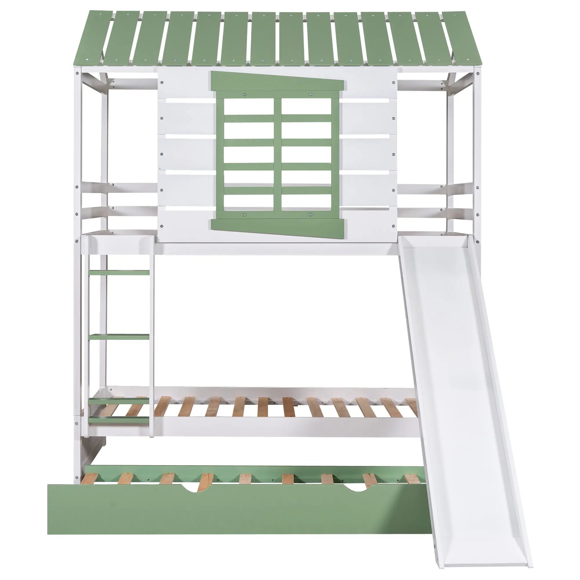 Bellemave® House Bunk Beds with Slide and Trundle Twin Over Twin Bunk Bed Wood Fun Playhouse Bunked Frame for Kids Girls Boys Teens, White with Green - Bellemave