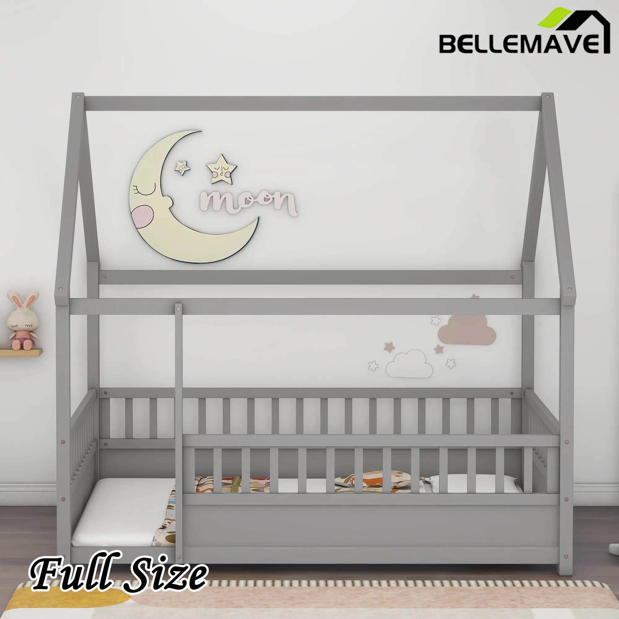 Bellemave® House Floor Bed with House Roof and Fence Guardrails - Bellemave