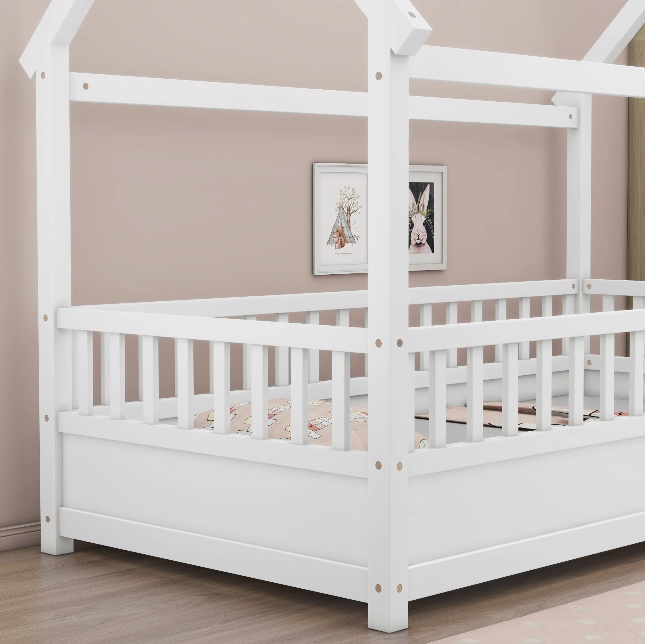 Bellemave® House Floor Bed with House Roof and Fence Guardrails - Bellemave