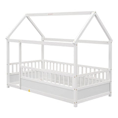 Bellemave® House Floor Bed with House Roof and Fence Guardrails - Bellemave