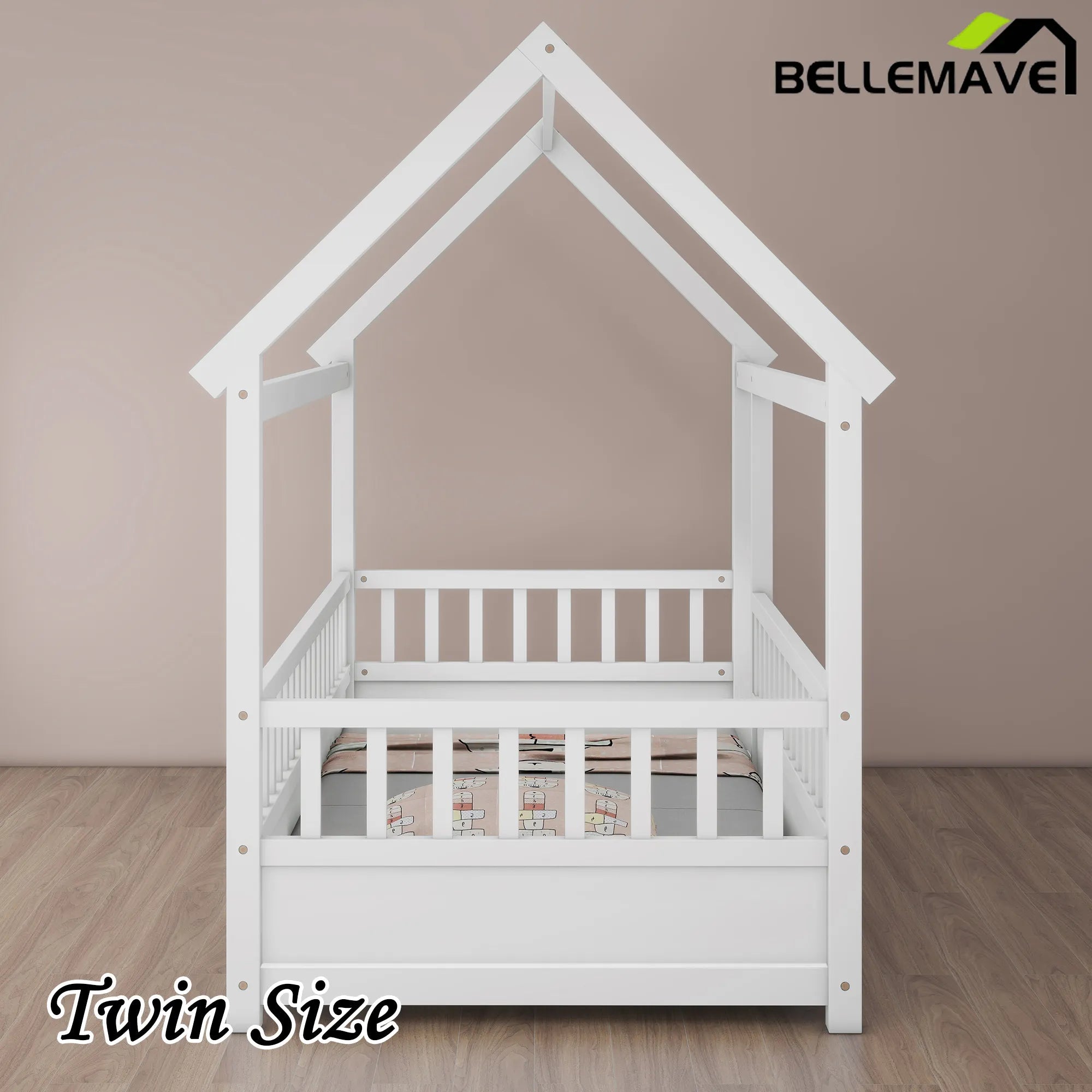 Bellemave® House Floor Bed with House Roof and Fence Guardrails - Bellemave