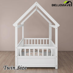 Bellemave® House Floor Bed with House Roof and Fence Guardrails - Bellemave
